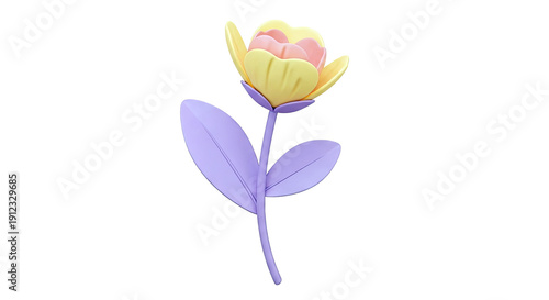 3D Rendered Cartoon Flower with Yellow and Pink Petals and Purple Leaves