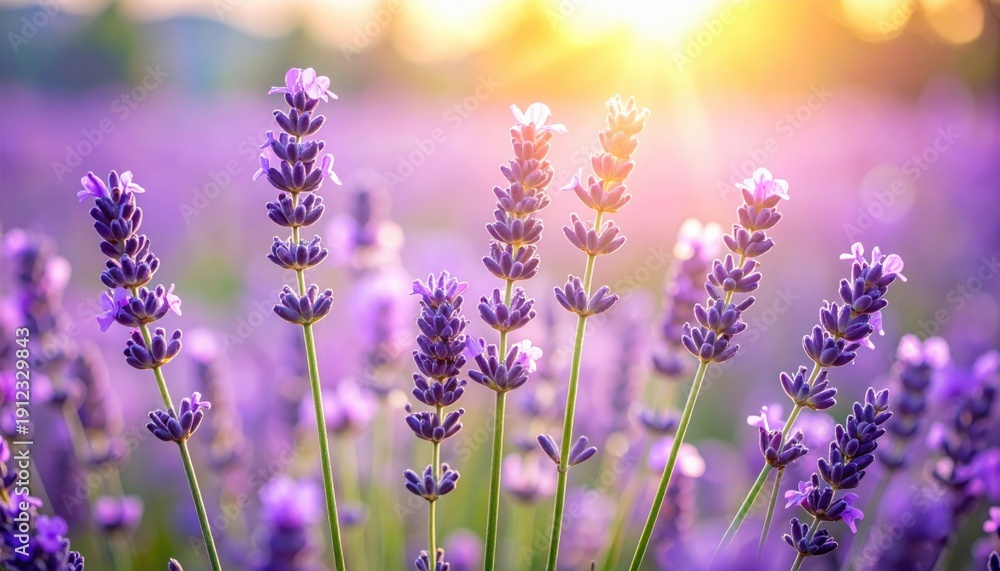 Obraz premium Vibrant Lavender Flowers Blooming in a Scenic Field at Sunset with Soft Sunlight