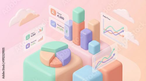 A colorful 3d isometric illustration of various charts and graphs on pastel colored blocks and papers with clouds in the background