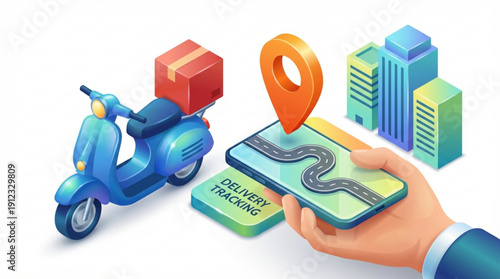 A colorful illustration of a delivery tracking system on a smartphone with a scooter and cityscape in the background