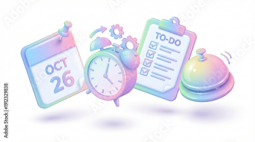 Colorful illustration of calendar clock todo list and bell