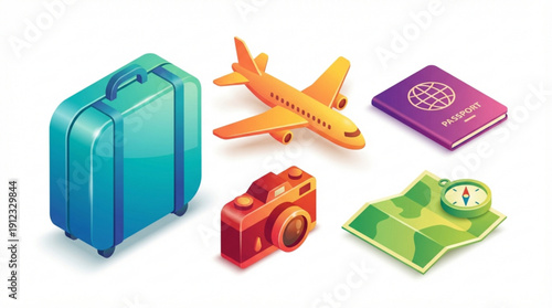 Colorful travel icons including suitcase, airplane, passport, camera, and map