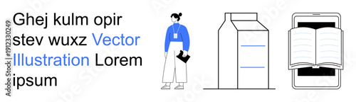 Education, food packaging, technology, learning, business, product design. Image a businesswoman, a milk carton and a smartphone displaying an open book. Education and technology concept
