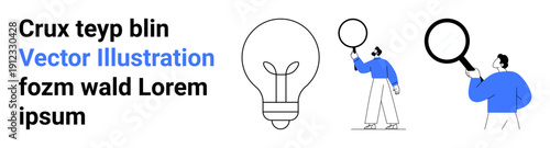 Man examines concept with magnifying glass beside a large light bulb. Ideal for creativity, innovation, idea generation, problem-solving, exploration, analysis, and simple landing page