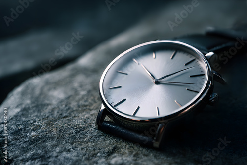 Wallpaper Mural Timeless Elegance: A close-up shot of a sophisticated wristwatch rests gracefully against a rugged stone surface, a silent testament to the enduring beauty of precision.  Torontodigital.ca
