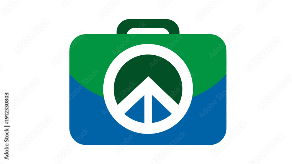 Obraz premium A colorful, stylized suitcase design; a peace sign sits inside. It is divided in green and blue