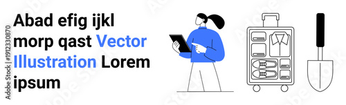 Travel management, multitasking, productivity, leisure activities, packing tips, personal growth. Woman using a tablet, suitcase with compartments gardening trowel. Travel management