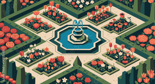 Geometric Garden Design With Fountain And Floral Arrangements Featuring Various Colors And Shapes For Outdoor Landscape Decoration Ideas And