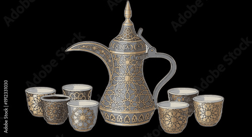 Traditional Arabic Coffee Set Displayed Against Black Background with Elegant Ceramic Cups and Ornate Metallic Coffee Pot Beverage Culture