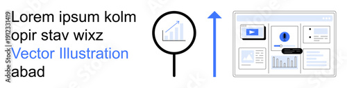 Data analytics, market research, growth trends, business intelligence, performance tracking, technology applications. Magnifying glass and arrow pointing to a web dashboard. Data analytics and market