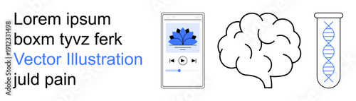 Neuroscience, biotechnology, digital tools, health innovation, education, and research. Smartphone screen, brain illustration and DNA strand. Neuroscience and biotechnology concepts