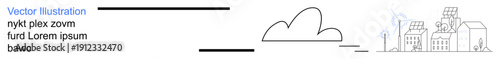 Smart city development, renewable energy, sustainability, urban planning, eco-friendly technology, and cloud services. Line art of cloud and eco-smart city infrastructure. Renewable energy