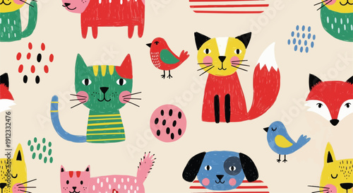 Cute Cartoon Pet and Woodland Animal Seamless Pattern with Fox Cat Dog and Bird Illustrations for Scandi Kids Room and Nursery Decor