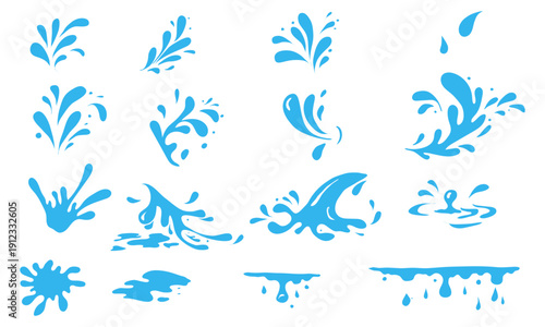 Drops and splashes, puddles and splashes of water. Vector illustration. Drawing of water and waves, set isolated on white background. Concept of cleanliness, water thai festival, rain and cleaning