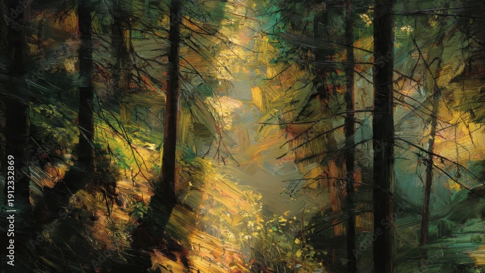 Fototapeta premium Sunlit Forest Scene Painting