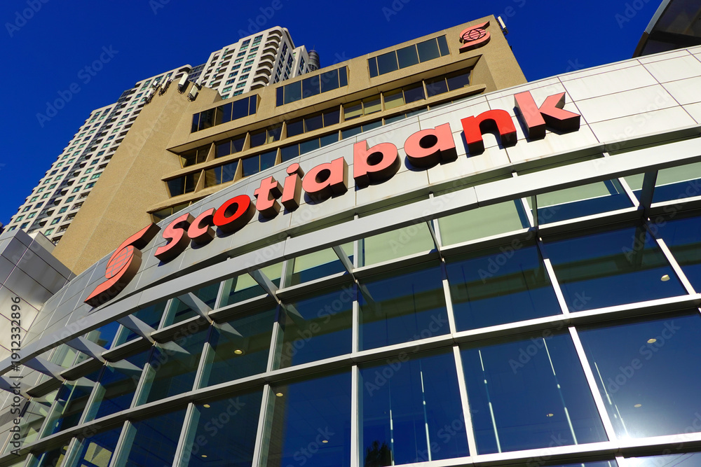 Fototapeta premium TORONTO - OCT 12: Sign of Scotia Bank at branch office in Toronto on Oct 12 2025. Scotia Bank is a Canadian multinational financial services company. 