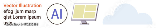 Artificial intelligence, cloud computing, data storage, innovation, tech infrastructure, online services. AI symbol next to a cloud and computer monitor. Artificial intelligence and cloud computing