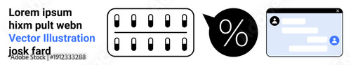 Healthcare communication, online services, pharmaceutical sales, virtual consultations, discounts, digital messaging. Black and white pills, percentage symbol chat screen. Healthcare communication