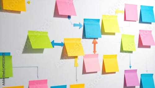 A colorful project plan visualized with sticky notes, with lines and arrows illustrating the workflow. The arrangement of the sticky notes represents different tasks and stages of the project.