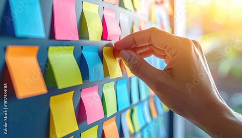 A hand carefully selecting a sticky note from a board filled with colorful reminders