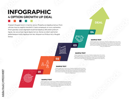 vector business 4 step timeline growth up deal infographic arrow template, for presentation, banner, ui ux, web. vector editable.