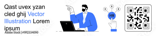 Recruitment, business innovation, technology, digital identification, HR management, online hiring. Businessman at a laptop with HR icons and QR code. Recruitment and business innovation concept