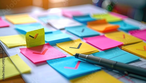 A colorful array of sticky notes with checkmarks and a pen arranged on a table, symbolizing tasks and progress.