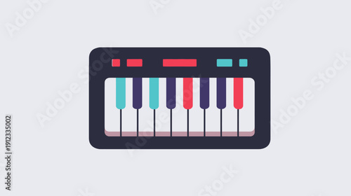 A stylized illustration of a keyboard featuring alternating keys with shades of red, blue, and purple