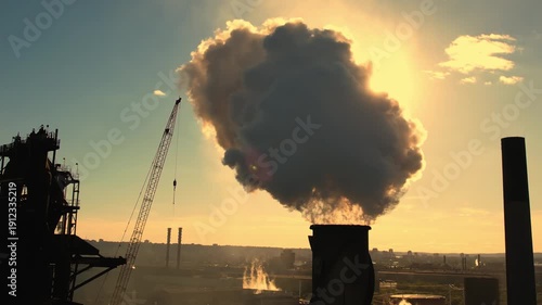 Dark factory chimney releasing thick grey coal smoke polluting air and environment. Industrial plant emits emissions from coal combustion. Heavy industry fossil fuel pollution environmental damage