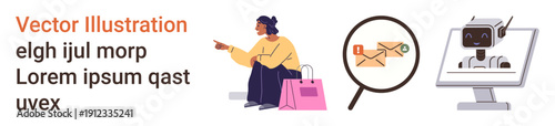 Online shopping, digital communication, automation, future technology, ecommerce services, artificial intelligence. Woman with shopping bags pointing, email magnifying glasses robot monitor. Online
