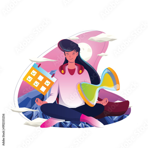 Woman superhero meditating with hourglass and calendar for time