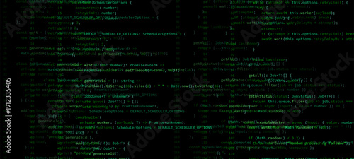 Computer screen displaying green developer programming code for software development. Abstract background for coding.