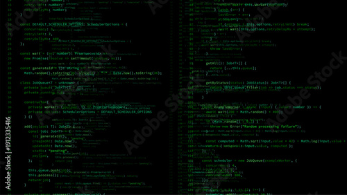 Green programming code on a monitor screen. Digital software development for coding process and data visualization.