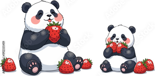 Cute vector illustration of a large and small panda bear happily eating fresh red strawberries, isolated on a transparent background for children's designs.