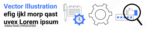 Calendar, gear, and magnifying glass assessing thumbs-up rating with stars. Ideal for productivity, planning, teamwork, evaluation, development, feedback and simple landing page