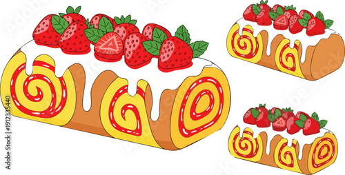 Vector illustration of a golden yellow strawberry Swiss roll cake with white icing and fresh red strawberries, isolated on a transparent background.