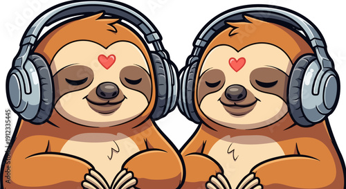 Two adorable vector sloths with closed eyes and small red hearts on their foreheads, wearing silver over-ear headphones, isolated on a transparent background.