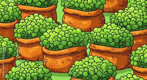 Vector illustration of many hand-drawn green pea plants in brown burlap sacks, forming a seamless organic pattern on a light green background.