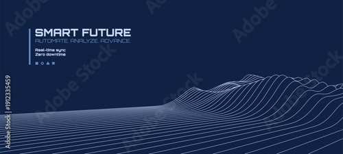 Dark blue background with smart future text and automate analyze advance message. Digital data wave line for technology concept.