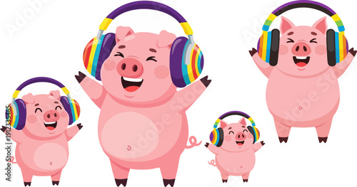 Four happy cartoon pink pigs with purple and rainbow striped headphones dancing joyfully, isolated on a transparent white background, perfect for children's entertainment or music-themed