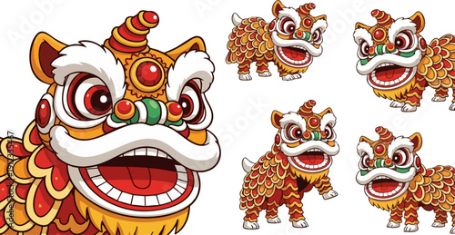 Vector illustration of a traditional Chinese lion dance costume with intricate red and gold scales, featuring a detailed head and multiple full-body poses, isolated on a transparent background.