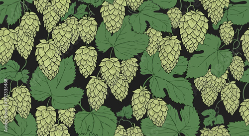 Vector illustration of a seamless pattern featuring green hop cones and leaves on a dark charcoal background, perfect for brewing branding or craft beer packaging.