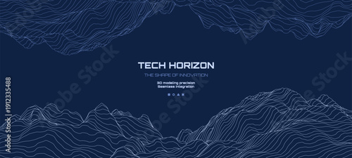 Blue topographic contours forming abstract mountain landscape on a dark background. Data visualization and technology concept for digital design.