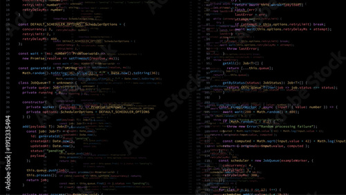 Colored programming code on a dark screen. Application development and software engineering. Abstract digital background.