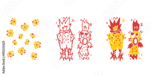 Creative set of funny hand-drawn chicken characters and seamless popcorn pattern in a vibrant textured doodle style