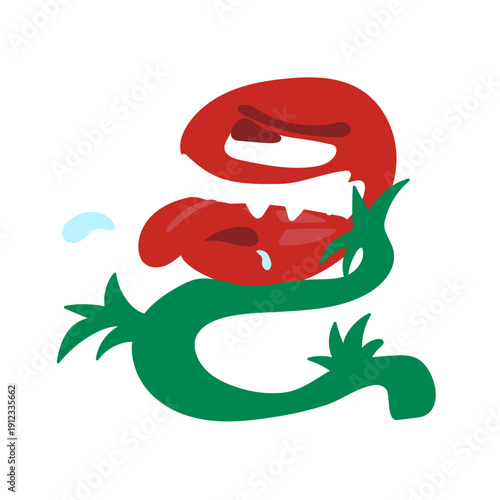 Angry red tomato cartoon character with aggressive face and sharp teeth in a textured doodle style