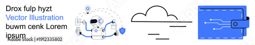 Artificial intelligence, cloud storage, digital finance, technology, innovation, automation. Robot with data icons, cloud symbol and digital wallet design. Artificial intelligence and cloud storage