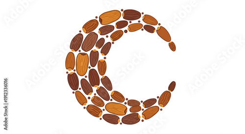 A crescent moon shape is artfully composed from various shades of brown and amber dates on a clean white background.