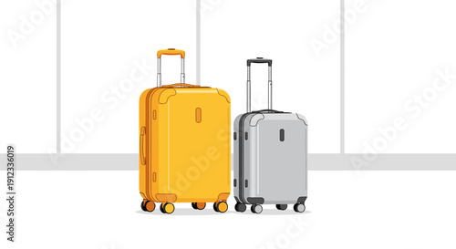 Two modern rolling suitcases, one vibrant yellow and one sleek grey, stand side by side on a polished airport floor.