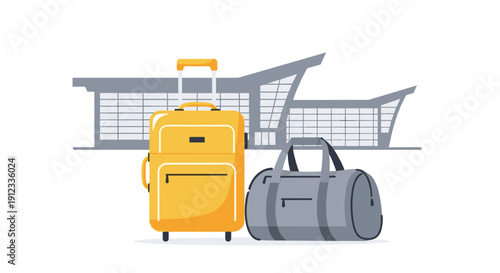 A vibrant yellow rolling suitcase and a grey duffel travel bag stand together in front of a modern airport terminal building.